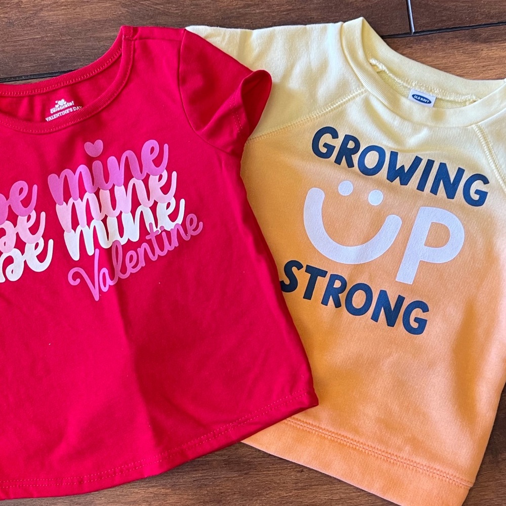 Red Valentines “be Mine” shirt and “growing up strong shirt” SZ 6-12 & 12 month